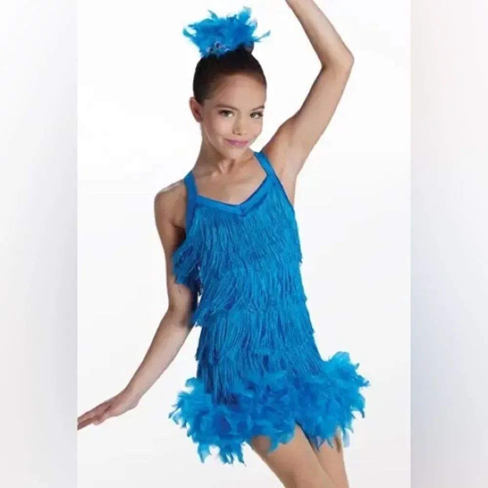 WEISSMAN Dance Costume blue feather Fringe dress leotard Hot Stuff 17901 MC chil